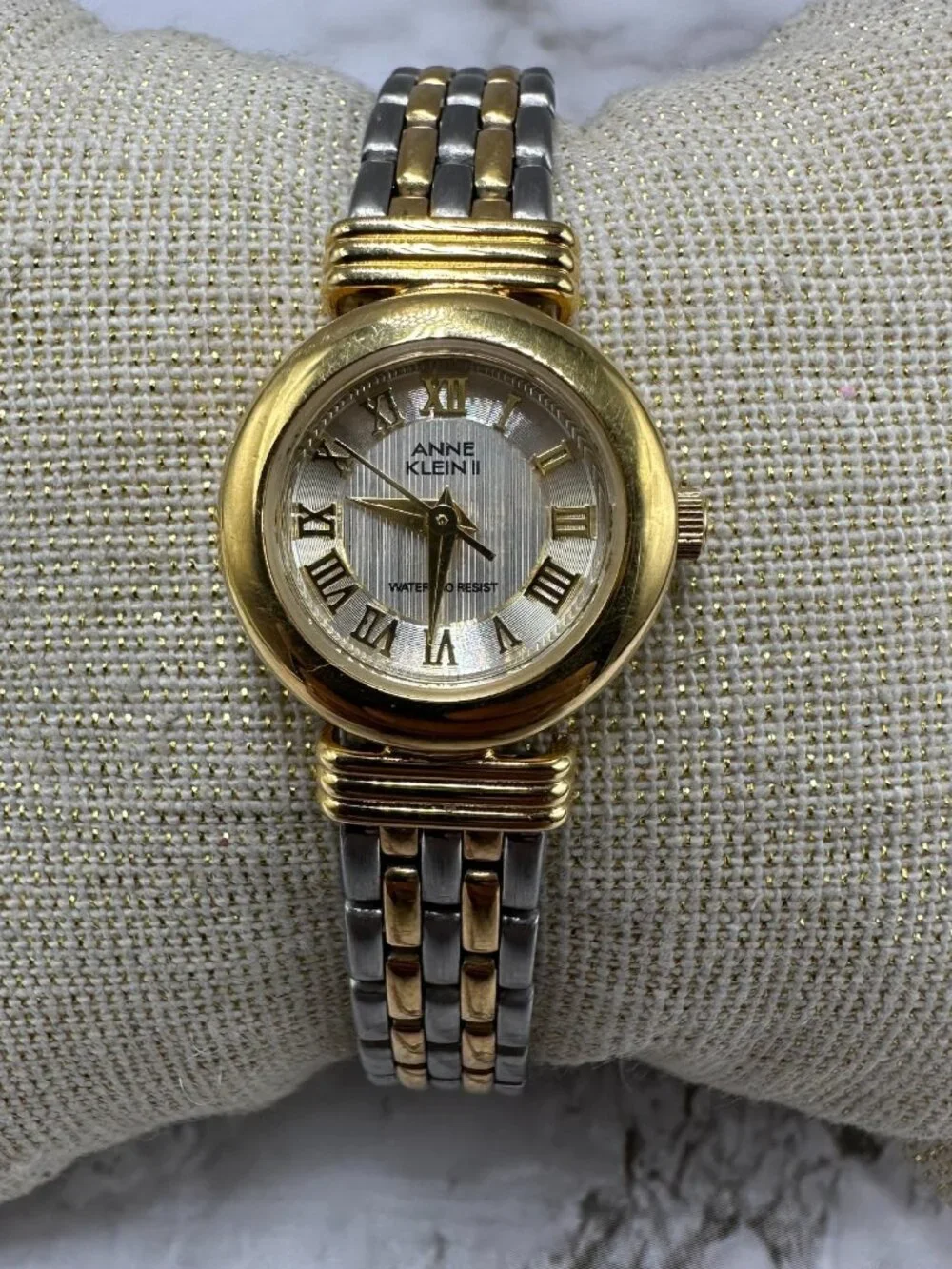3/$30 Anne Klein Watch Women Silver Gold Two Tone Roman Numeral Dial Works 6.75